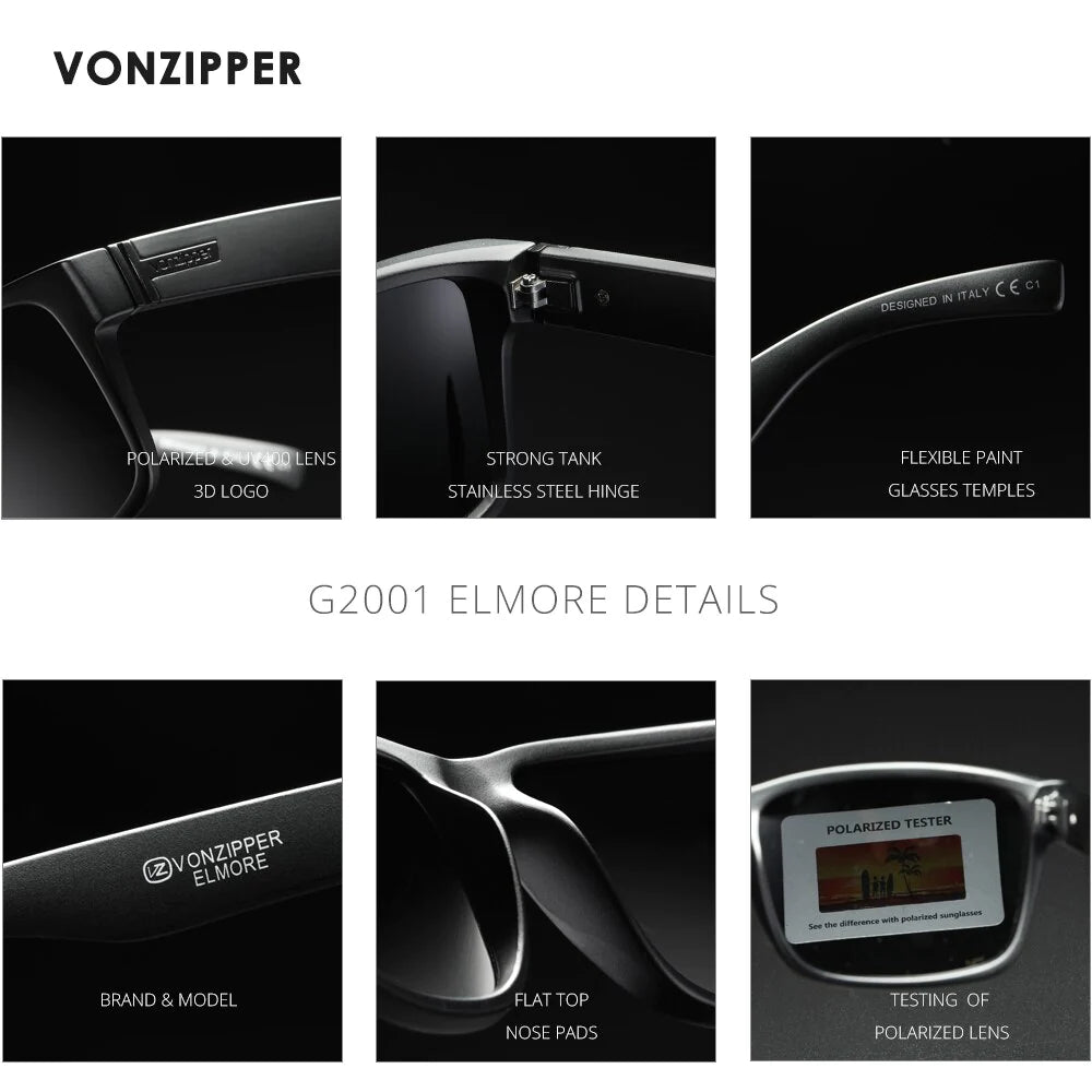 Brand VZ Vonzipper Polarized Sunglasses Men Square Frame Elmore Style Eyewear UV400 Sports Sun Glasses Fishing Hiking Driving